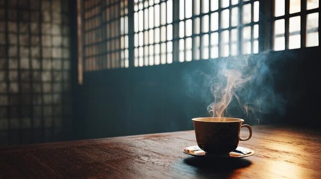 Steaming cup of coffee on a wooden table.