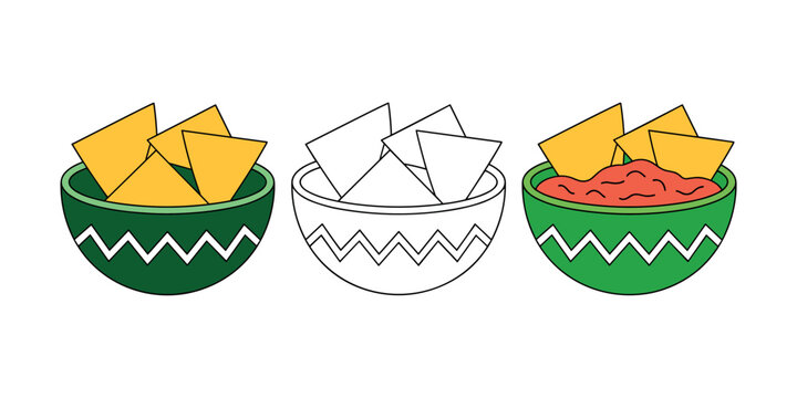 Three bowls of chips with dips tortilla chips salsa in white background.