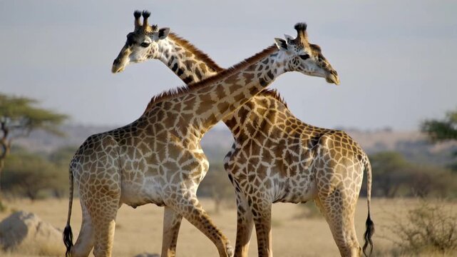 Two giraffes standing side-by-side in the African savanna animals wildlife