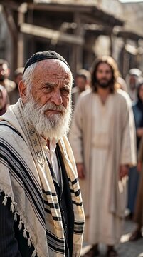 Close-up of a Skeptical Elder with Jesus in the Background