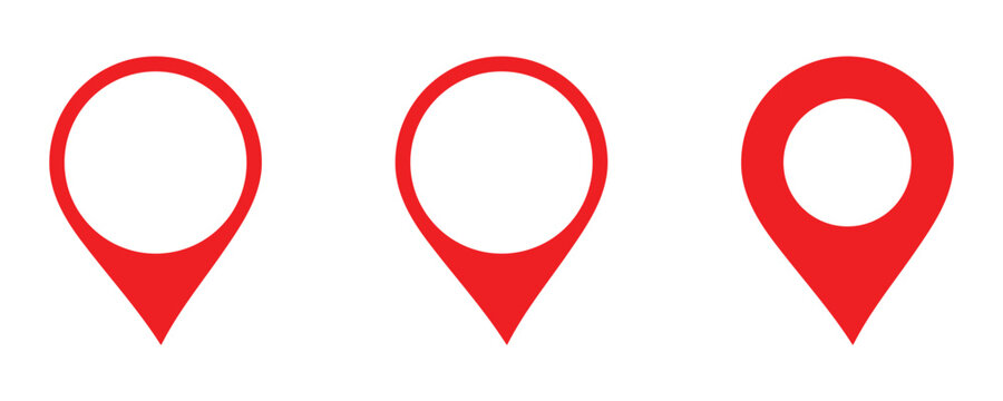 Red location pin symbol collection start here with map icon set. Start here map pointer signs. Flat location pin pointers and map markers for navigation , travel, destination and GPS interface design.