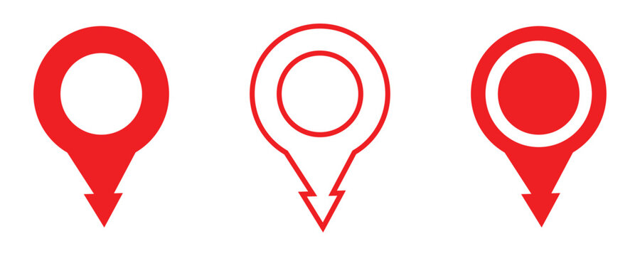 Red location pin symbol collection start here with map icon set. Start here map pointer signs. Flat location pin pointers and map markers for navigation , travel, destination and GPS interface design.