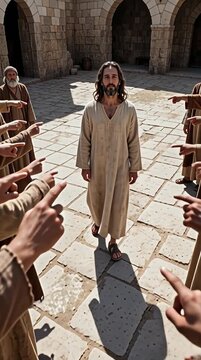 Hands of a Crowd Pointing Questioning Fingers at Jesus