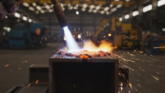 Metalworker using a torch cutting a large metal beam inside of an industrial manufacturing plant creating fire and molten steel