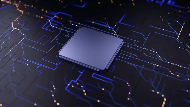 A video showcasing a microchip on a circuit board in a dark background