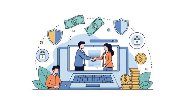 Digital business agreement concept showing a handshake on a laptop screen surrounded by financial icons, security symbols, and gold coins.