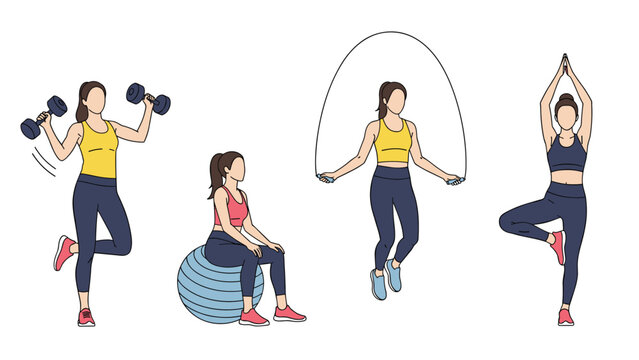 Group of active women engaged in different workout routines including weightlifting, exercising on a gym ball, jumping rope, and yoga.