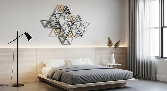 Minimalist Bedroom with Geometric Wall and Natural Light geometric wall bed gray bedding