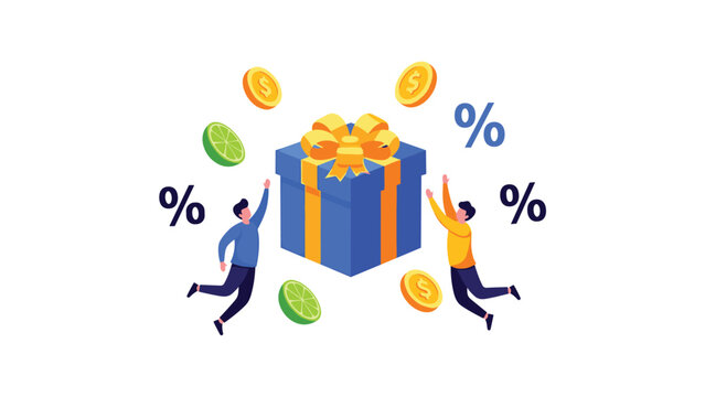 Group of happy people jumping for joy around a large blue gift box with yellow ribbons and falling coins to celebrate a special offer.