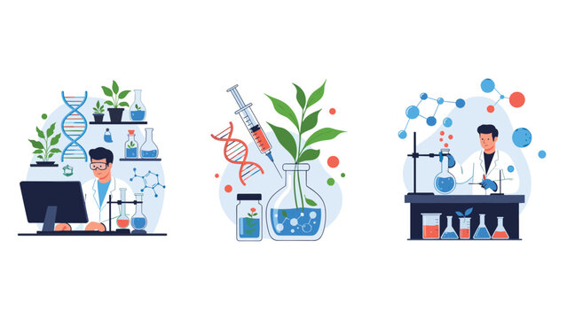 Set of biotechnology laboratory scenes showing scientists conducting research with plants and DNA for scientific and medical advancements.