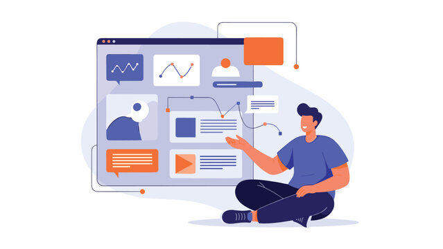 Professional analyst sitting on the floor while pointing at a large digital dashboard filled with data charts and graphs for business.