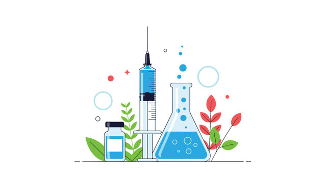 Medical research concept showing a syringe and laboratory flasks filled with blue liquid surrounded by green leaves and plant stems.