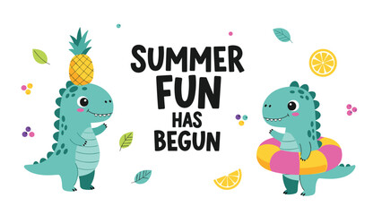 Obraz premium Cute cartoon dinosaurs enjoying summer activities with a pineapple on head and a swim ring surrounded by fruits and leaves.