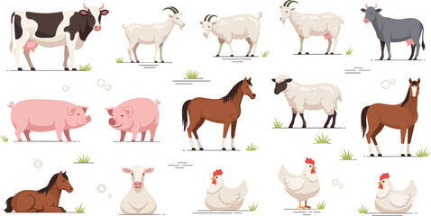 Obraz premium Farm animals set with cow sheep goat pig horse and chicken, domestic livestock collection for agriculture vector illustration