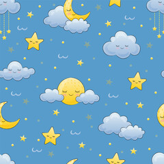 seamless pattern clouds, moon and stars on blue background © liana