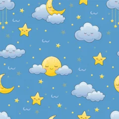 seamless pattern clouds, moon and stars on blue background © liana