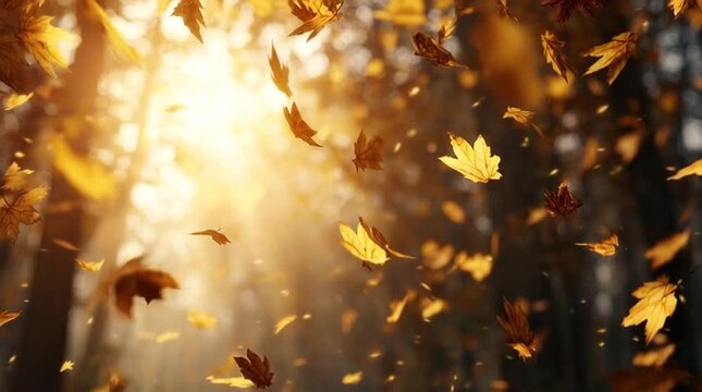 Autumn leaves falling in golden light.
