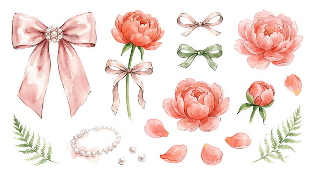 Watercolor Bow Pearl Coral Peony Clipart Set Loose Brushstroke Bridal Floral Elements White Background