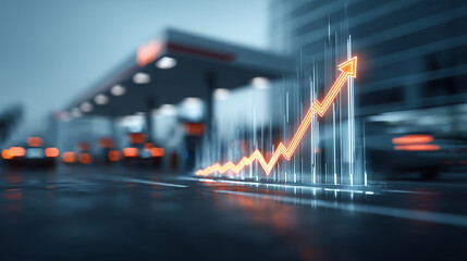 Fototapeta premium Market growth trends in fuel prices urban gas station digital visualization nighttime aerial perspective