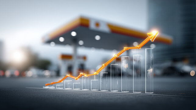 Rising fuel prices impacting global economy gas station infographic urban environment close-up economic trends