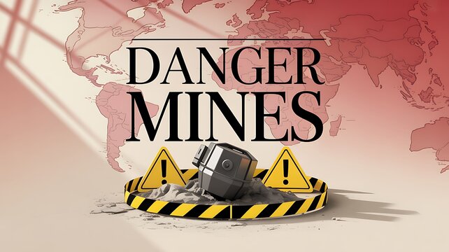Global danger warning sign for landmines with world map background with military equipment