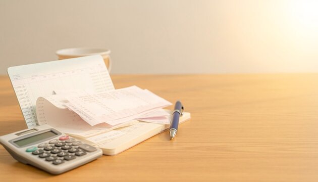 家計簿と医療費の領収書で計算するデスク風景