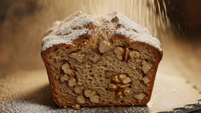 Delicious walnut bread loaf dusted with powdered sugar, cut open to reveal the nutty goodness inside