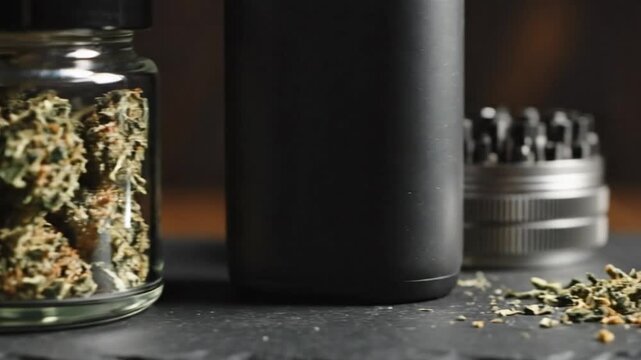 Close-up shot of cannabis and related accessories on a black slate surface, offering a detailed view.