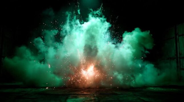 Vibrant green smoke explosion with sparks.