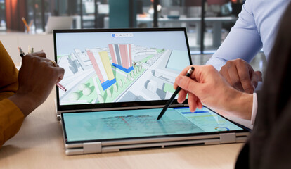 Fototapeta premium Person Uses Digital BIM Software On Laptop, Designing Real Estate Projects