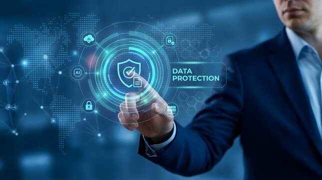 Cyber Security and Data Protection Shield Interface with Businessman