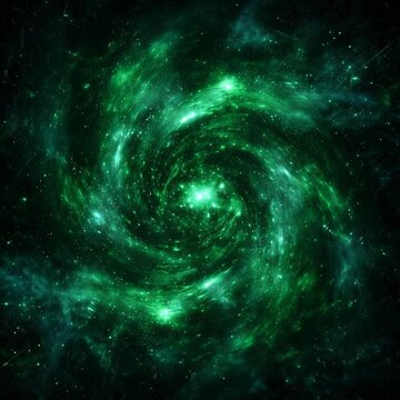 Vibrant green spiral galaxy in deep space.