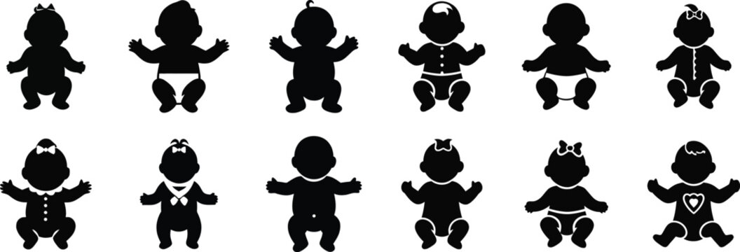 Collection of 10 black silhouette characters with various outfits and poses