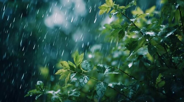 Rain falling on vibrant green leaves.