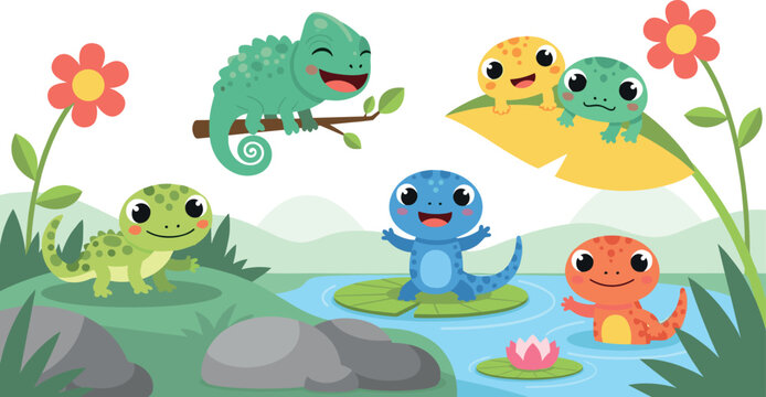 Cute cartoon reptiles and amphibians characters playing around pond with frogs chameleon turtle salamander lily pads flowers nature scene