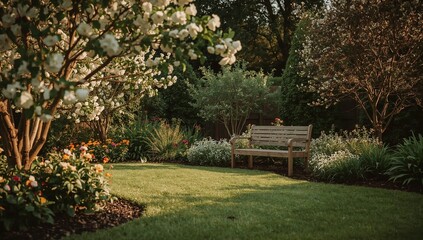 Fototapeta premium Sunlit Cozy Garden with Wooden Bench and Blooming Flowers