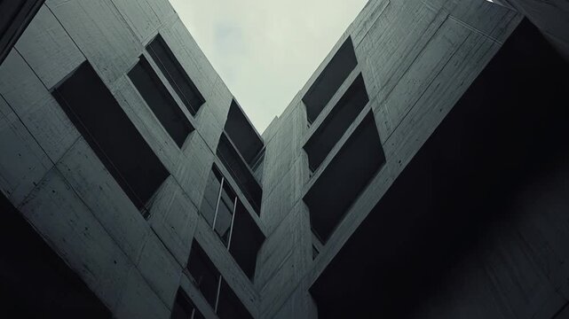 Modern brutalist building facade forming geometric patterns and abstract shapes with concrete walls and empty openings, creating a sense of urban isolation and minimalistic design
