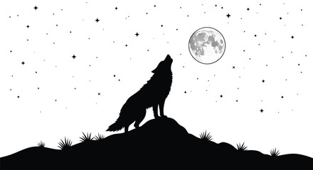 A howling wolf stands on a hill under a starry night sky silhouette © MD