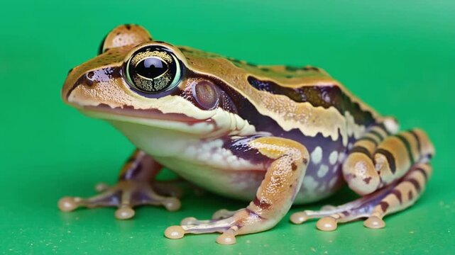 close-up of colorful frog on green background