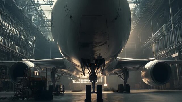 Large fuselage airplane undergoing service in a spacious aircraft hangar, highlighting the advanced engineering and infrastructure of the aviation industry