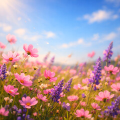 Fototapeta premium A vibrant field of pink and purple flowers under a bright blue sky