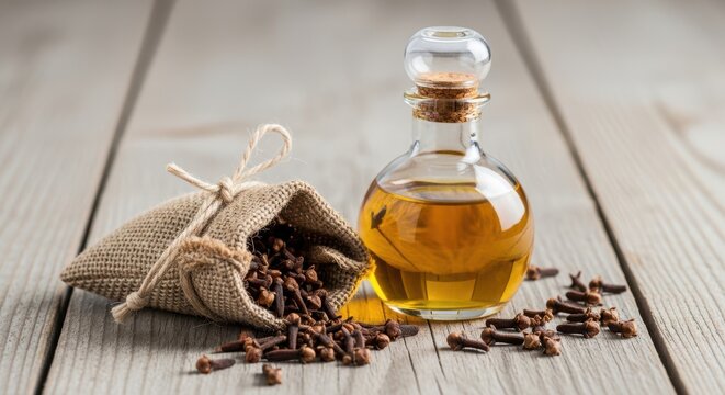 Clove oil in a glass bottle with a burlap sack of dried clove buds on a rustic wooden table
