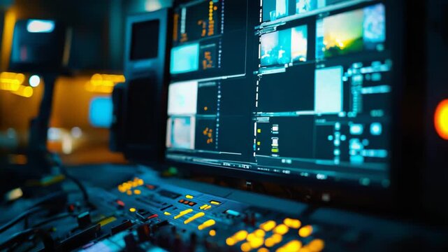 Broadcast professional operating a control room producing video and audio content for media communication, creating and managing live streams and digital programs