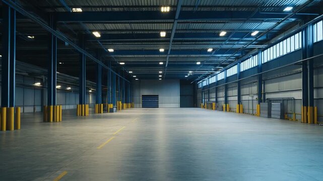 Spacious industrial warehouse interior with shiny concrete floor, blue structural pillars, and yellow safety barriers, providing ample storage space for logistics and distribution