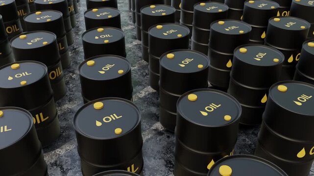 Crude Oil Barrels Animation, Fossil Fuel Industry & Global Energy Supply. Full HD. 4K