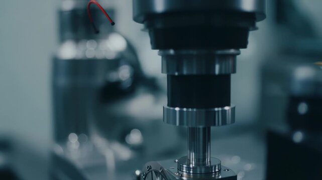 Automated manufacturing machine meticulously carving and shaping metal components, demonstrating precision engineering and advanced industrial technology in a modern production setting