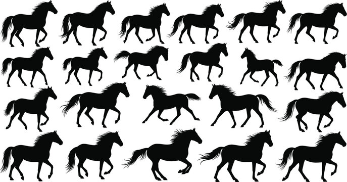 Set of Horse Silhouette Vector Illustrations Featuring Multiple Galloping and Trotting Horses for Equestrian Sports, Ranch Branding, and Western Design Projects
