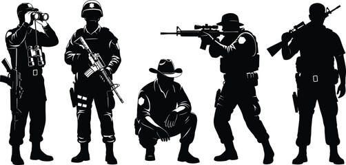 Soldier and special forces silhouette collection isolated on white background, cad drawing flat vector illustration of military tactical security personnel. © Mehedi