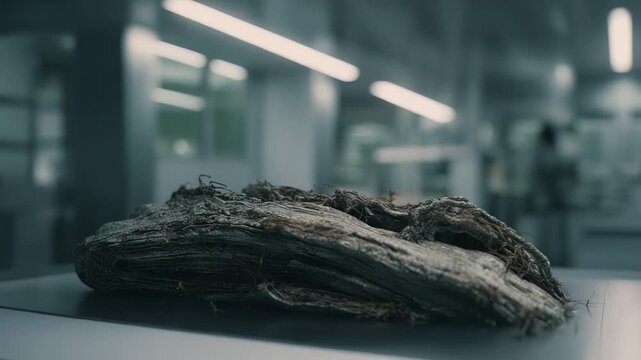 Organic material rests on a white surface, undergoing scientific examination in a bright, contemporary laboratory environment for research and biotechnological development