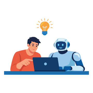 Human and Robot Working Together with Laptop Artificial Intelligence Concept. Man and AI Robot Collaboration Technology Illustration